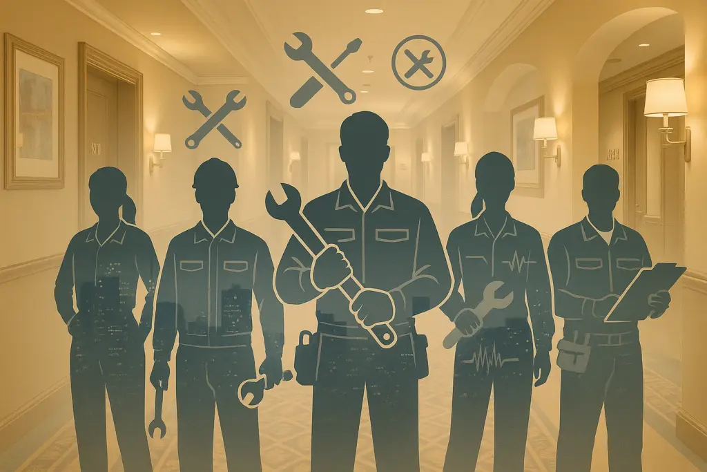 ホテルの廊下を背景に、作業服を着た技術スタッフのシルエットが並び、工具アイコンが重なって表示された専門知識と技術力を表すイメージ